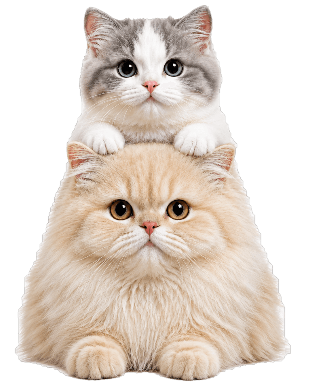 Two fluffy cats — a kitten resting on a cream Persian cat