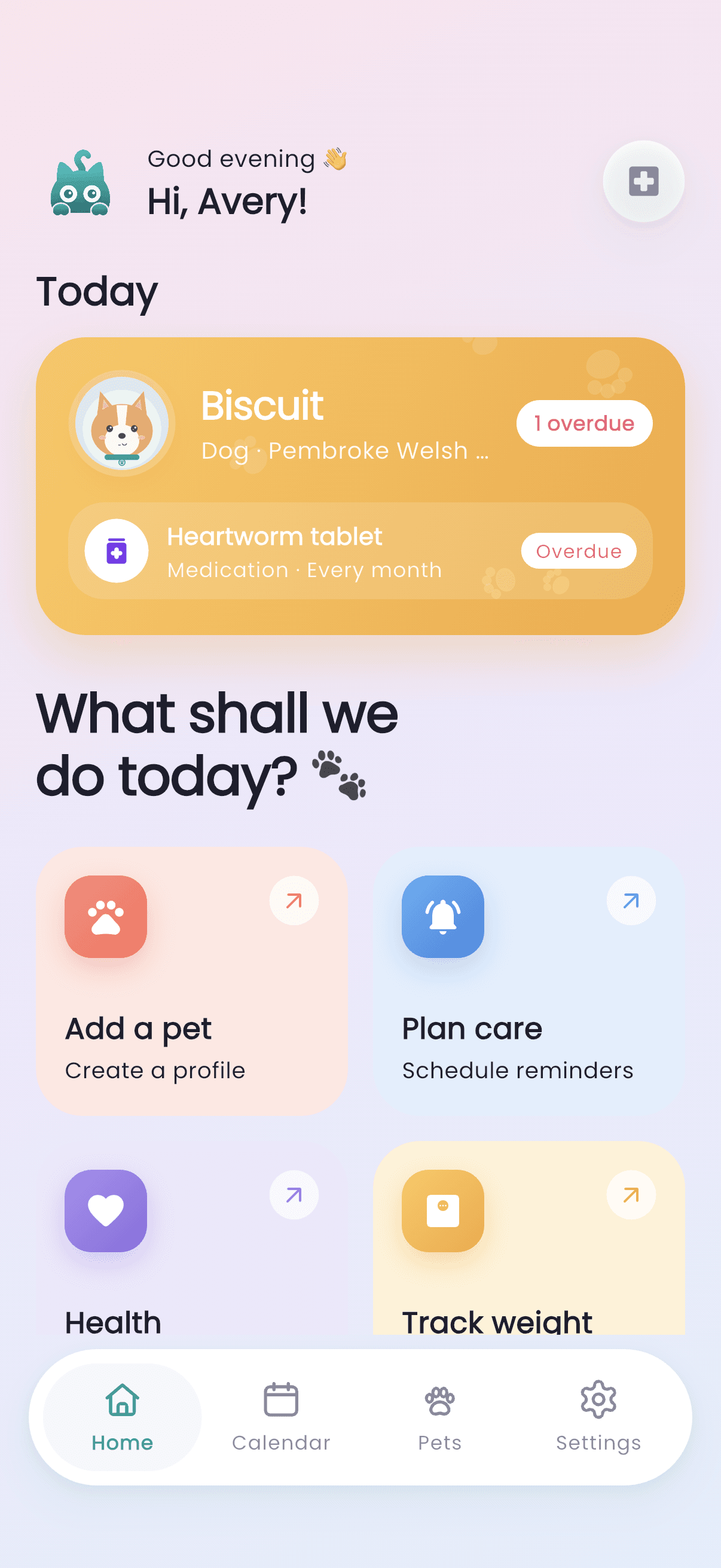 FurMinder home screen showing today's reminders and quick actions